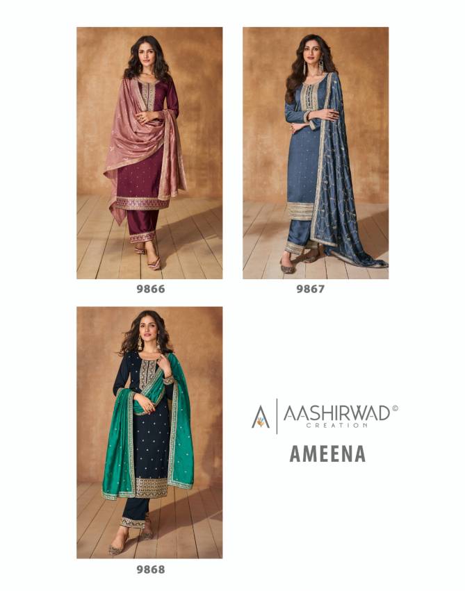 Ameena By Aashirwad 9866 To 9868 Premium Silk Readymade Suits Wholesale Shop In Surat
